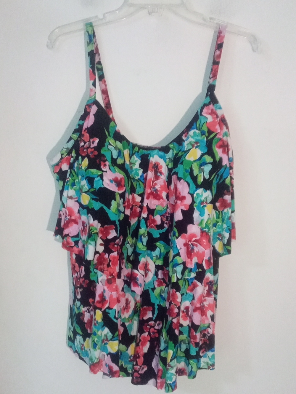* Trimshaper Floral Ruffle SwimTop  Black with Pink  22W Plus NWT $65